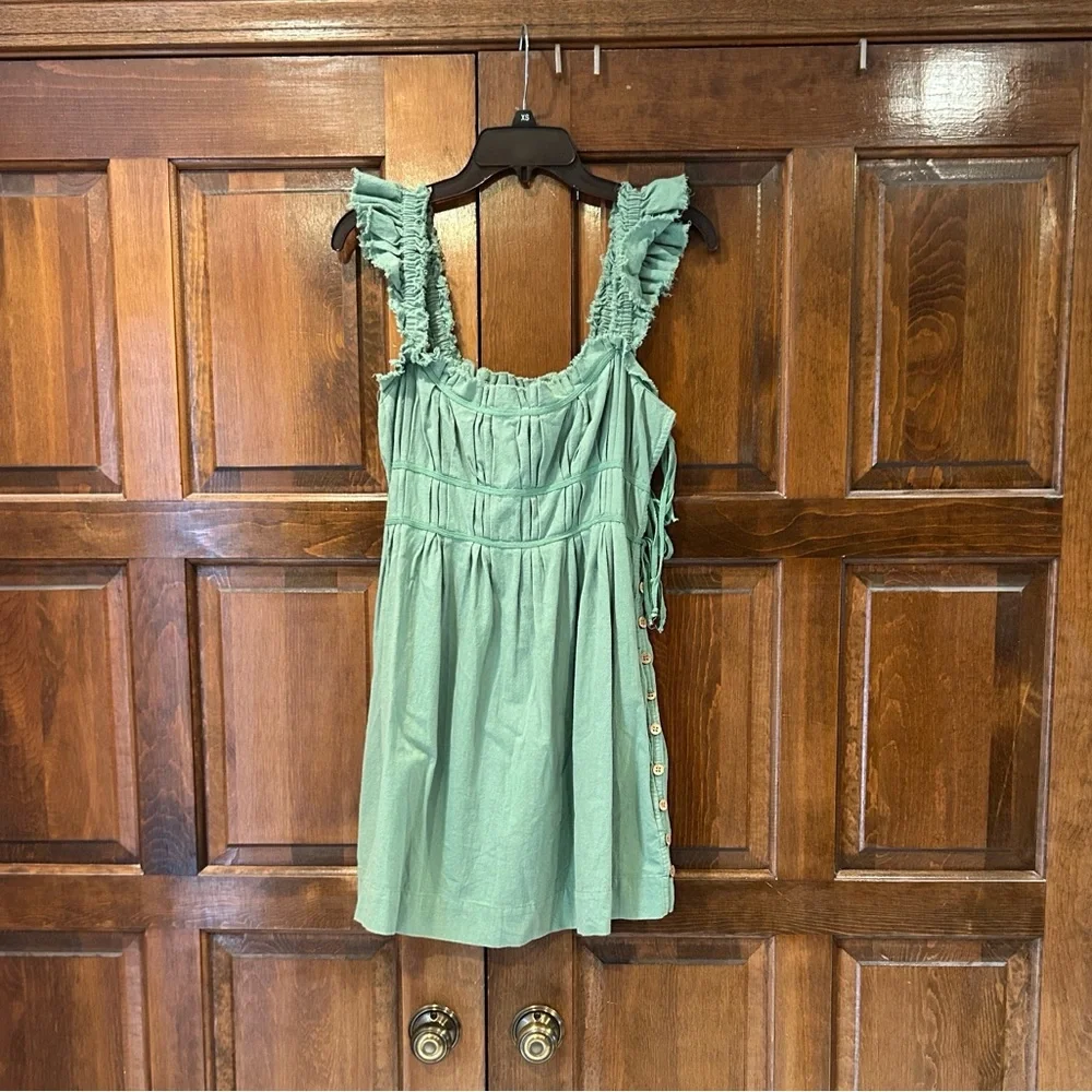 Free People Green Cotton Sundress Women’s‎ Small Ruffle Strap Button Side Boho